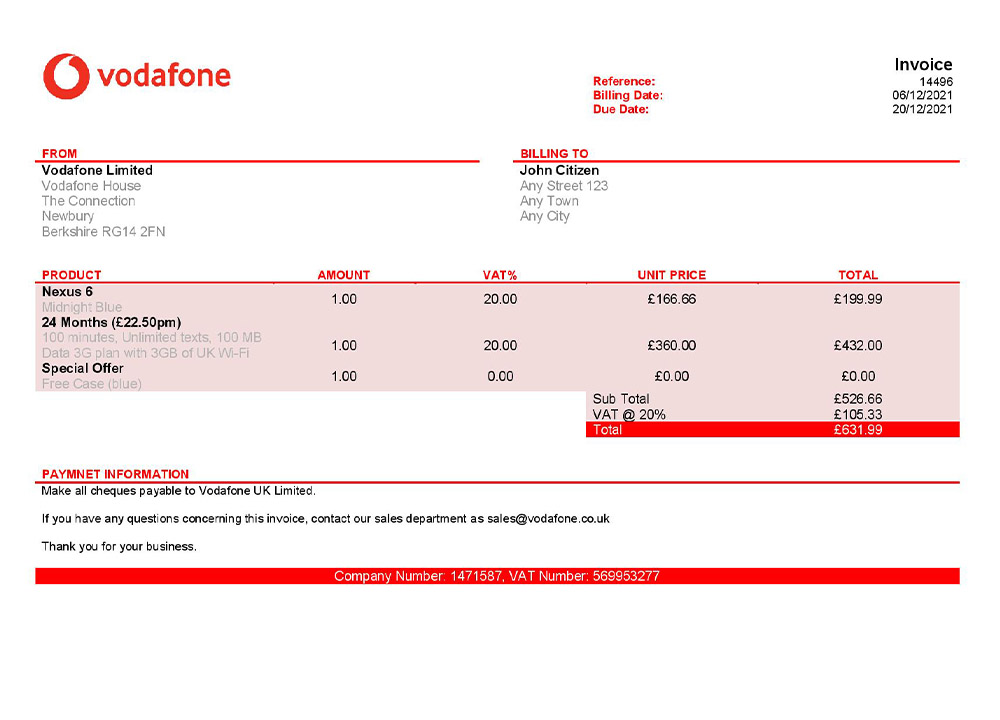 USA Vodafone invoice template PSD template